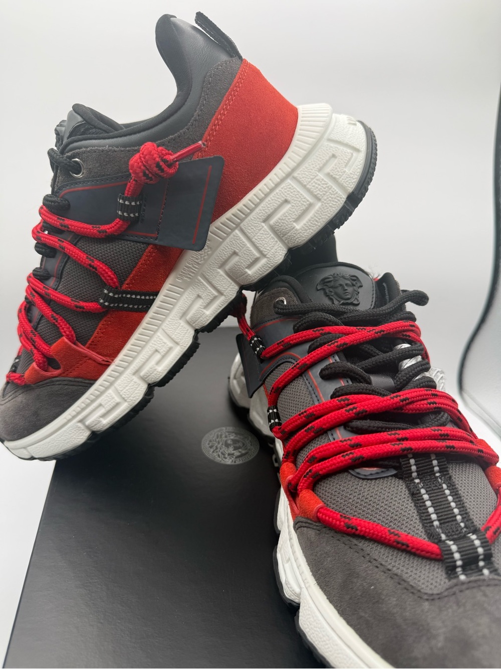 Versace Trigreca Sneakers  NIB Gray/Red Suede Greca Sole EU 39 made in  Italy